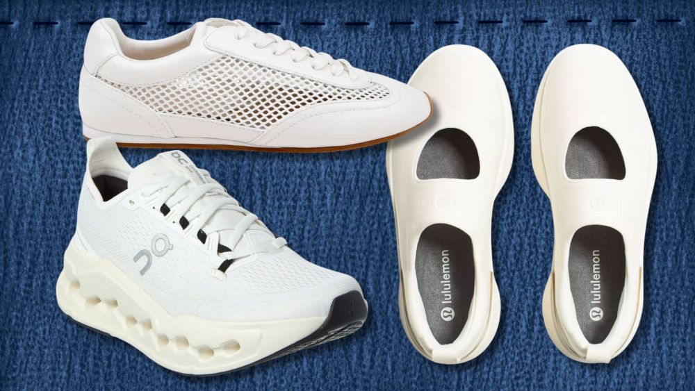 lululemon, l'agence, and on white sneakers for women layered over a blue denim background; best white sneakers for women to shop in 2026
