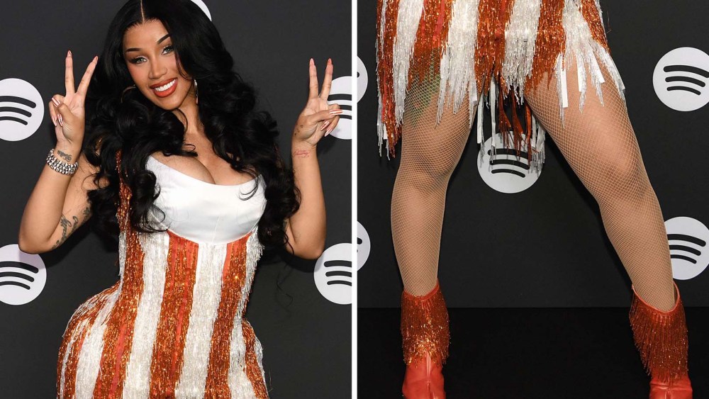 Cardi B attends and performs at Spotify Beach during Cannes Lions 2025 on June 18, 2025 in orange Maison Margiela Tabi ankle boots featuring a shimmering fringe.