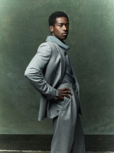 Zegna fine wool suit; Lanvin cotton woven high-neck top.