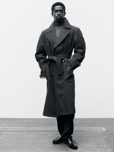 Prada Shetland chevron coat; wool knitwear; stuoia trousers; spazzolato leather loafers.