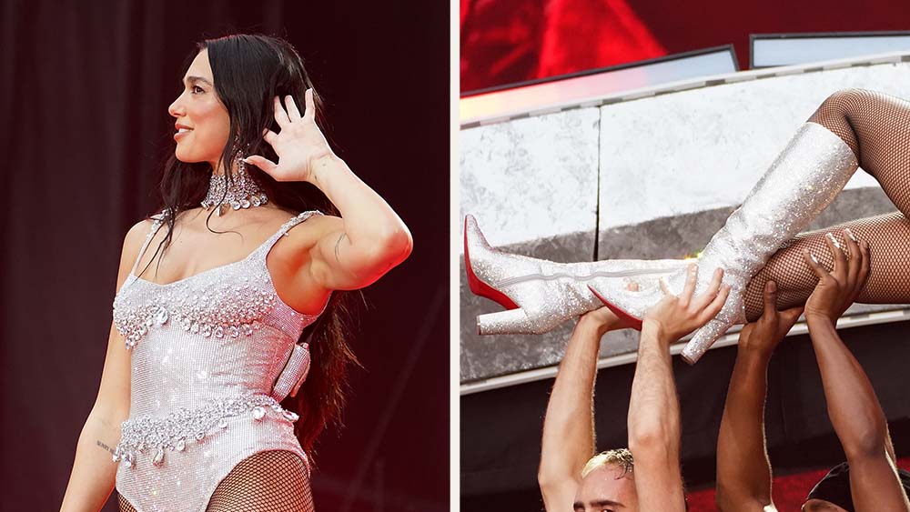 Dua Lipa performs onstage during her Radical Optimism tour wearing Christian Louboutin crystal-mesh knee-high boots at Anfield on June 24, 2025 in Liverpool, England.