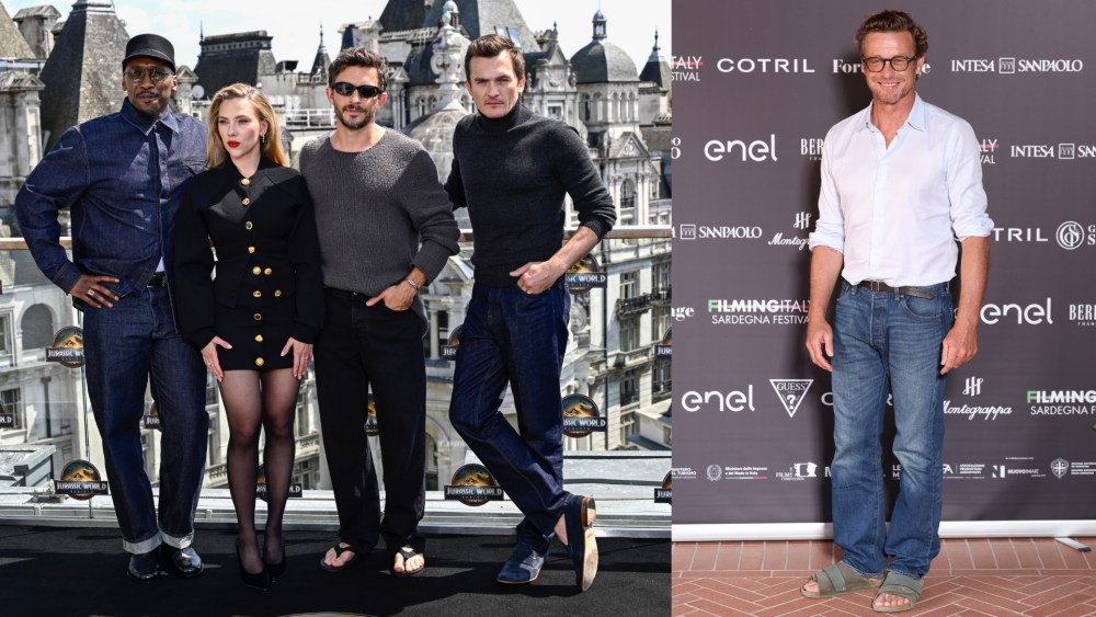 Jonathan Bailey wearing flip-flops at the Jurassic World Rebirth photo call in London, and Simon Baker wearing Birkenstock sandals at the  the Filming Italy Sardegna Festival.