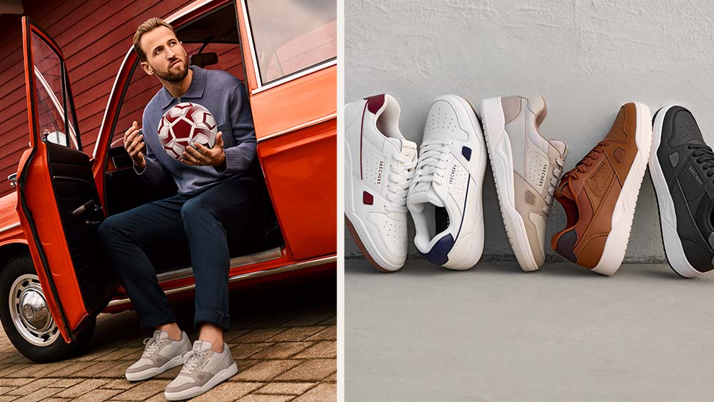 Harry Kane poses in Skechers from his "Off Pitch" sneakers collaboration with the brand.