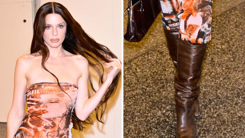 Actress Julia Fox is seen in archival Jean Paul Gaultier mesh print midi dress and thigh-high brown leather slouchy boots on June 9, 2025 in New York City.