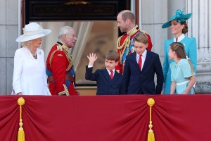 LONDON, ENGLAND - JUNE 14: Queen Camilla, King Charles III, Prince Louis of Wales, Prince William, Prince of Wales, Prince George of Wales, Catherine, Princess of Wales and Princess Charlotte of Wales wave from the balcony at Buckingham Palace during Trooping The Colour 2025 on June 14, 2025 in London, England. Trooping The Colour is a ceremonial parade celebrating the official birthday of the British Monarch. The event features over 1,400 soldiers and officers, accompanied by 200 horses. More than 400 musicians from ten different bands and Corps of Drums march while performing. (Photo by Chris Jackson/Getty Images)