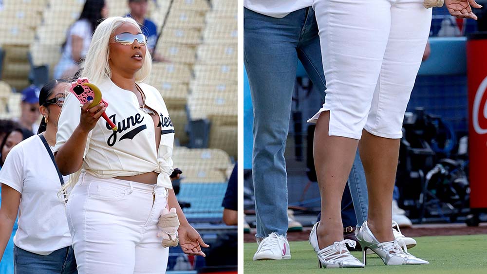 Lizzo wearing Azalea Wang First String Sporty Pumps at Dodger Stadium on June 19, 2025.