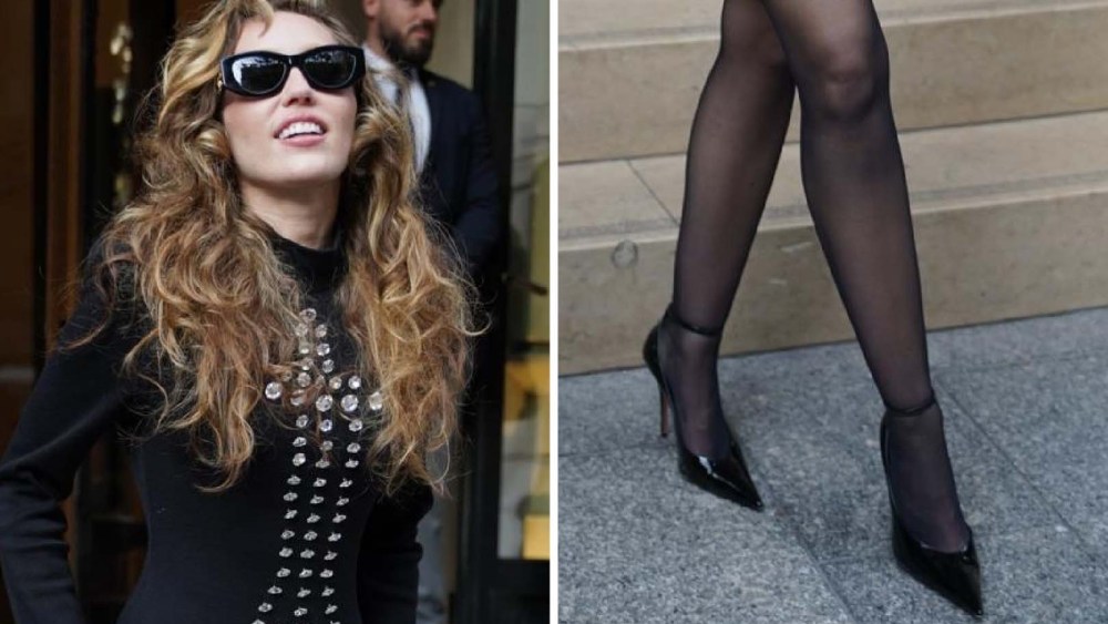 Miley Cyrus is seen on June 17, 2025 in Paris, France wearing black stilettos with an ankle strap.