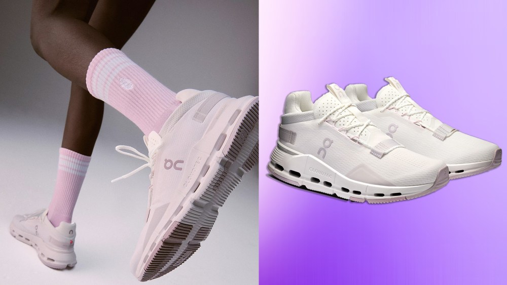 model wearing on's cloudnova 2 sneaker in the white/orchid colorway; a pair of the shoes overlaid on a gradient purple background