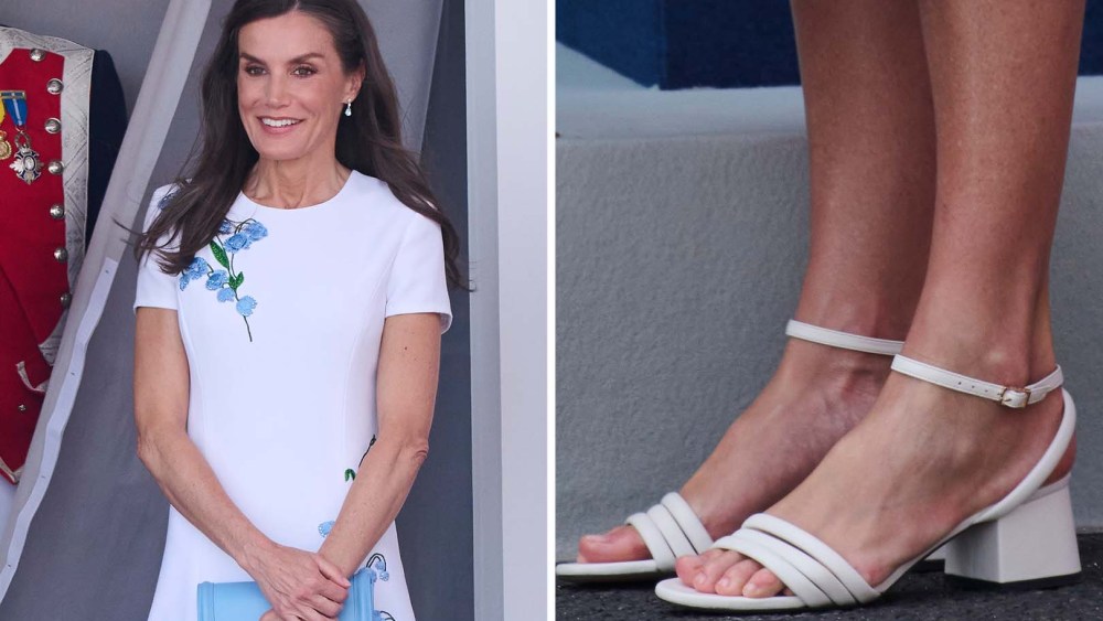 Queen Letizia of Spain attends the Armed Forces 2025 Day on June 7, 2025 in Tenerife, Spain wearing Hugo Boss Melanie 50 Block-Heel sandals in white nappa leather.