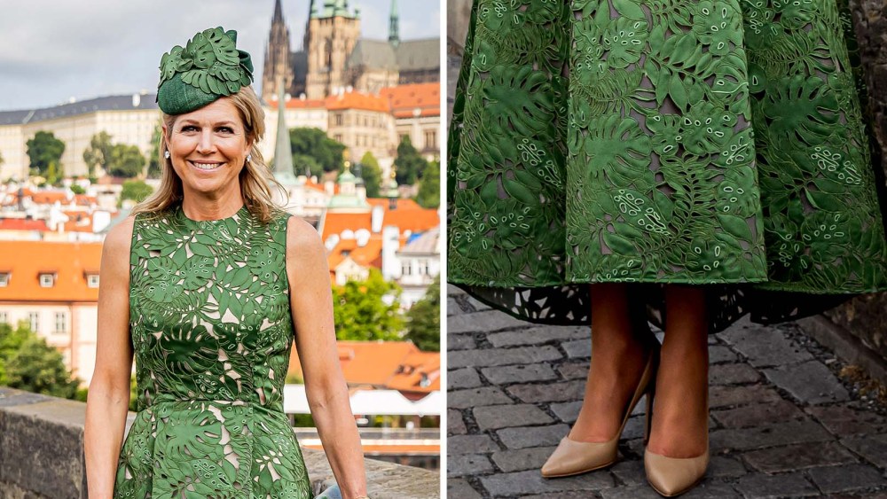 Queen Maxima of The Netherlands visits the Charles Bridge on the second day of the Dutch State visit on June 5, 2025 in Prague, Czech Republic, and details of her Gianvito Rossi tan nappa leather pumps.