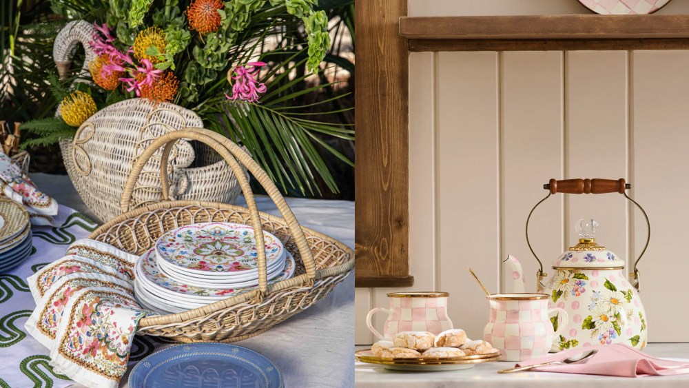outdoor tablescape with rattan gathering basket holding plates and napkins; a ceramic tea kettle with floral illustrations next to cups and a plate