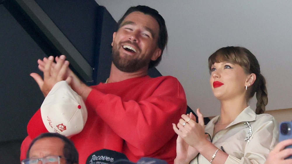 SUNRISE, FLORIDA - JUNE 12: NFL player Travis Kelce and singer Taylor Swift are seen during the first period of Game Four of the 2025 Stanley Cup Final between the Edmonton Oilers and the Florida Panthers at Amerant Bank Arena on June 12, 2025 in Sunrise, Florida. (Photo by Brian Babineau/NHLI via Getty Images)