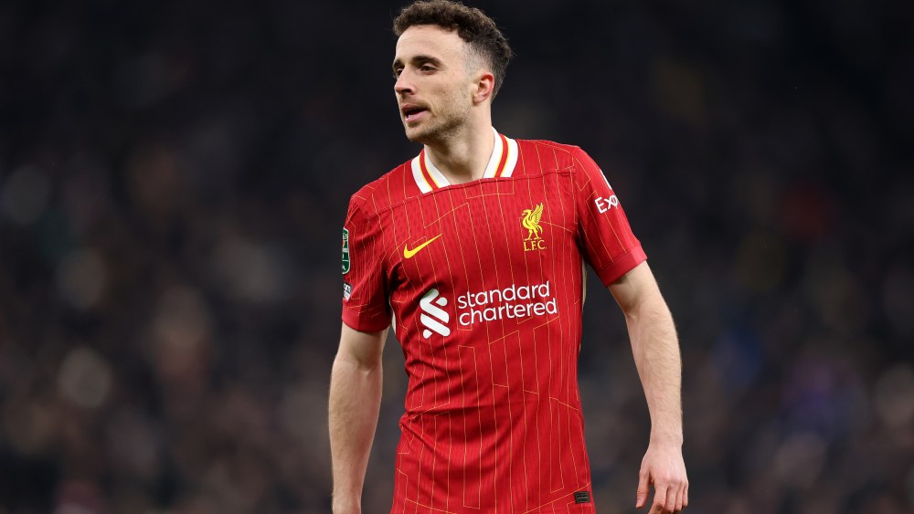 LONDON, ENGLAND - JANUARY 08: Diogo Jota of Liverpool looks on during the Carabao Cup Semi Final First Leg match between Tottenham Hotspur and Liverpool at Tottenham Hotspur Stadium on January 08, 2025 in London, England. (Photo by Julian Finney/Getty Images)