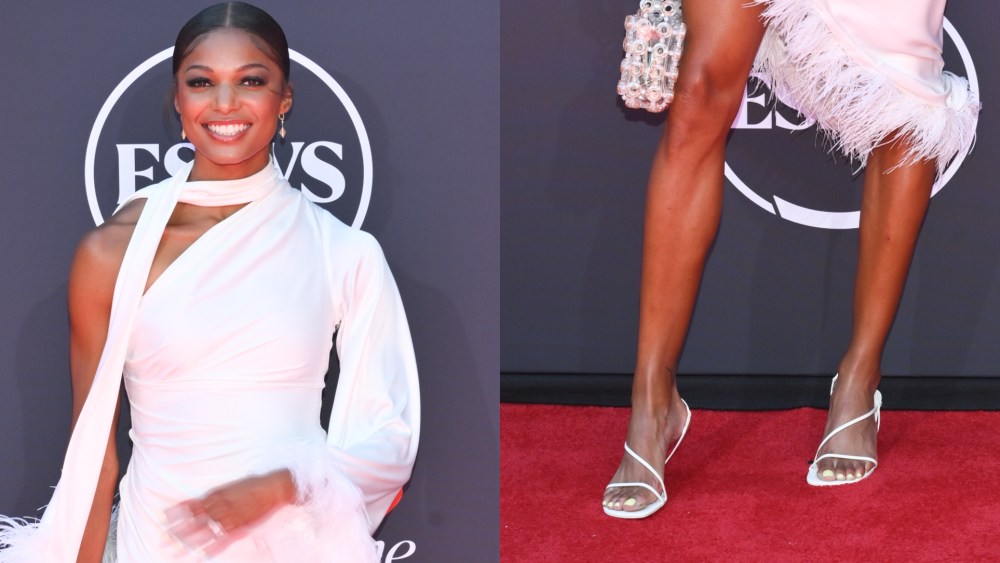 Gabby Thomas wears strappy stilettos at 2025 ESPY Awards in Los Angeles, Calif.