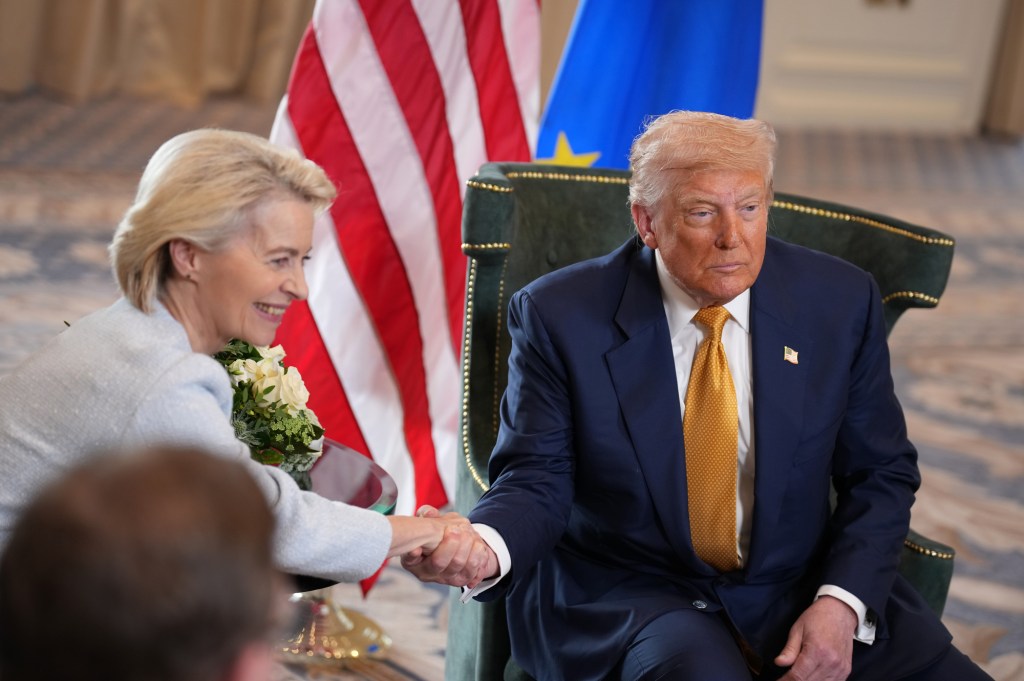 U.S. President Donald Trump shakes hands with President of the European Commission Ursula von der Leyen as he announces a trade deal with the EU at Trump Turnberry golf club on July 27, 2025 in Turnberry, Scotland. U.S. President Donald Trump is visiting his Trump Turnberry golf course, as well as Trump International Golf Links in Aberdeenshire, during a brief visit to Scotland from July 25 to 29.