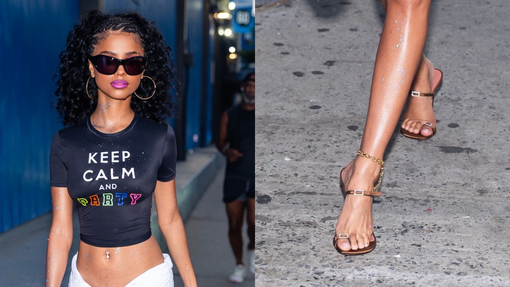 Tyla wearing Amina Muaddi sandals in New York City on July 24, 2025.