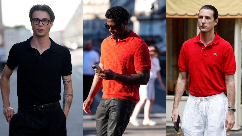 three men during men's Paris fashion week for spring 2026 shows wearing the best polo shirts.