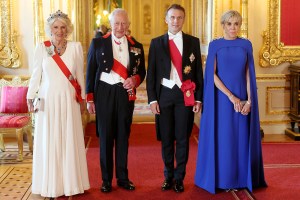 WINDSOR, ENGLAND - JULY 08: Queen Camilla, King Charles III, President of France, Emmanuel Macron and Brigitte Macron attend the State Banquet at Windsor Castle on July 08, 2025 in Windsor, England. President Emmanuel Macron and Mrs Brigitte Macron visit the UK in the first visit State Visit made by France in 17 years. They are staying at Windsor Castle, hosted by King Charles III and Queen Camilla, and a banquet will be held there in their honour. The Macrons will visit Imperial College, and the President will address Parliament during his stay. (Photo by Chris Jackson/Getty Images)