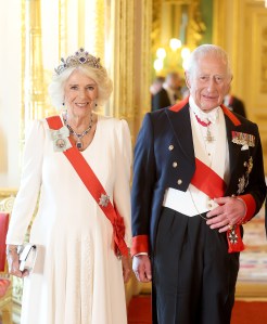 WINDSOR, ENGLAND - JULY 08: King Charles III and Queen Camilla at the State Banquet at Windsor Castle on July 08, 2025 in Windsor, England. President Emmanuel Macron and Mrs Brigitte Macron visit the UK in the first visit State Visit made by France in 17 years. They are staying at Windsor Castle, hosted by King Charles III and Queen Camilla, and a banquet will be held there in their honour. The Macrons will visit Imperial College, and the President will address Parliament during his stay. (Photo by Chris Jackson/Getty Images)