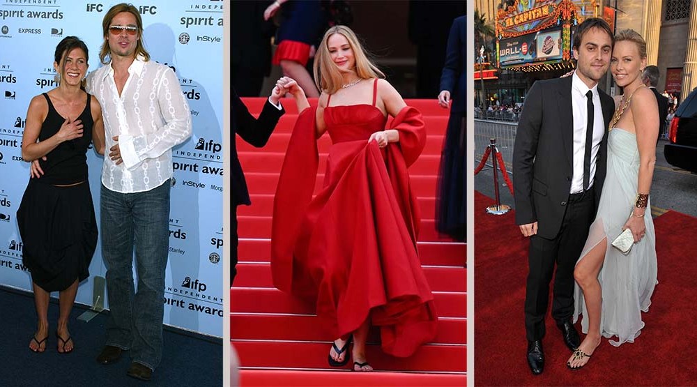 Jennifer Aniston, Jennifer Lawrence and Charlize Theron all wearing flip-flops on various red carpets.