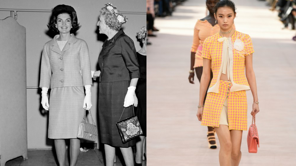 Jacqueline Kennedy greets alumni at the White House Tea Party for Miss Porter's School, May 3, 1962; Model on the runway at the Chanel Spring 2025 ready-to-wear show in Paris.