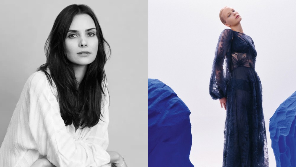 Cris Barros and a model wearing a dress from her fall 2025 collection.