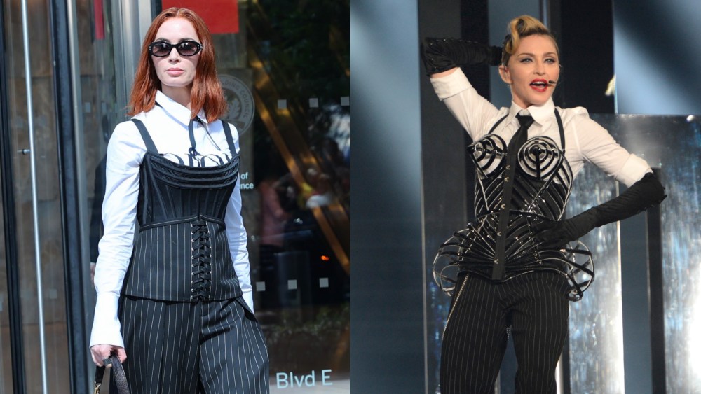 Emily Blunt channels Madonna in Jean Paul Gaultier on the set of 'The Devil Wears Prada 2' in New York City.