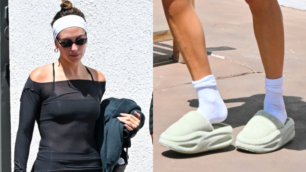 Hailey Bieber wearing Skylrk slippers in Los Angeles on July 23, 2025.