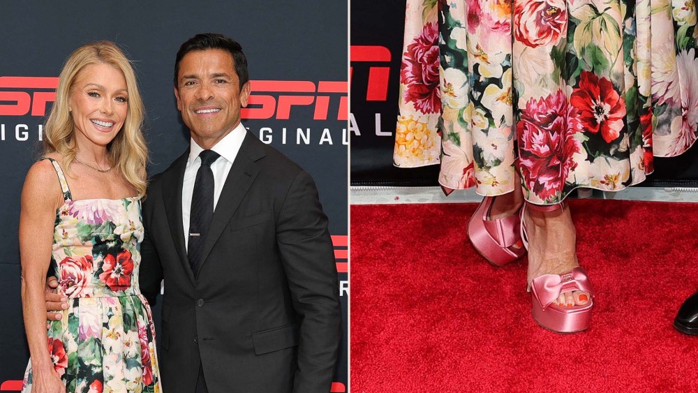 Kelly Ripa wearing pink satin Miu Miu platforms to the premiere of ESPN's "Running With the Wolves" in New York on Wednesday evening.