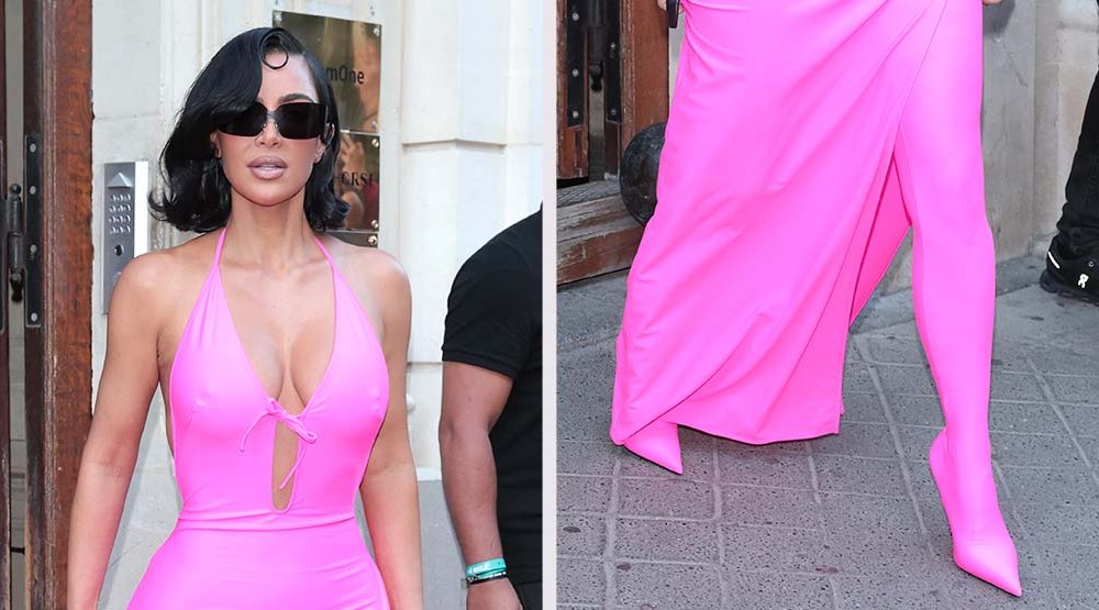 Kim Kardashian in hot pink Pantaboots at the Balenciaga couture show in Paris.