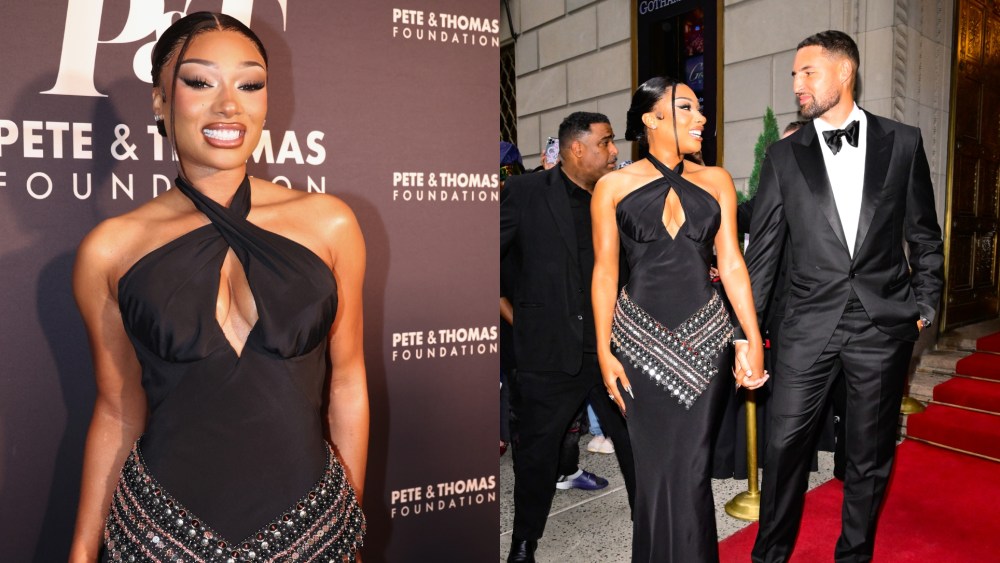 NEW YORK, NEW YORK - JULY 16: Megan Thee Stallion and Klay Thompson are seen on July 16, 2025 in New York City. (Photo by Raymond Hall/GC Images)