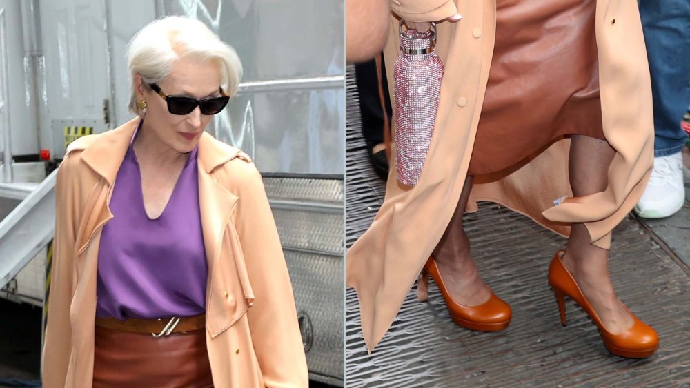 Meryl Streep wears what appear to be archival Gucci platform pumps from the house's Frida Giannini era while on the set of "The Devil Wears Prada 2" on Wednesday.