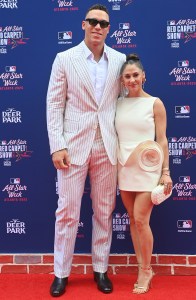 ATLANTA, GEORGIA - JULY 15: Aaron Judge #99 of the New York Yankees and Samantha Bracksieck attend 2025 MLB All-Star Game red carpet at Truist Park on July 15, 2025 in Atlanta, Georgia.  (Photo by Paras Griffin/Getty Images)