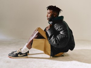 Juun.J cow leather jacket; Agbobly cotton shorts; Nigel Sylvester x Air Jordan 1 Low Better With Time.