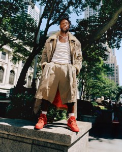 Dsquared2 cotton parka, faux fur jacket, cotton tank top and shorts; Nigel Sylvester x Air Jordan 4 Brick by Brick.