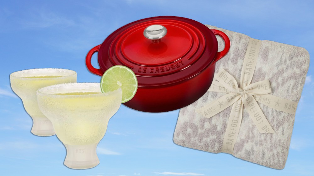 margarita glasses, a red dutch oven, and a blanket pictured over a sky background