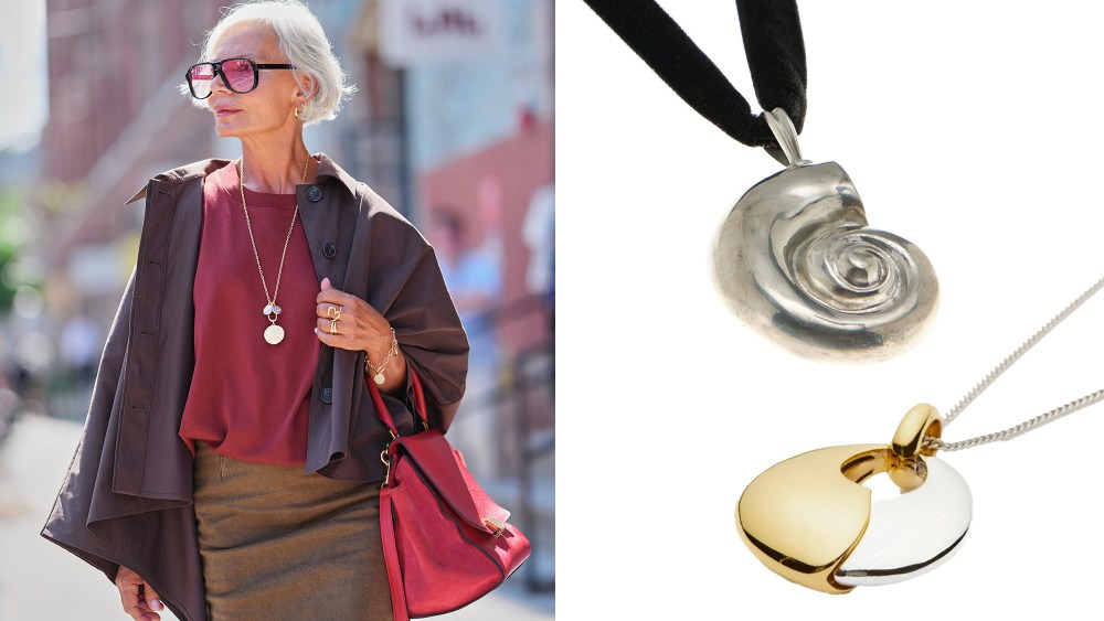 woman during NYFW wearing a gilded pendant necklace over a deep red blouse; two pendant necklace picks overlaid on a white background