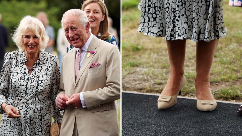 Queen Camilla wearing neutral-tone kitten heel shoes featuring a buckle on the vamp while visiting the National Stud in Suffolk.