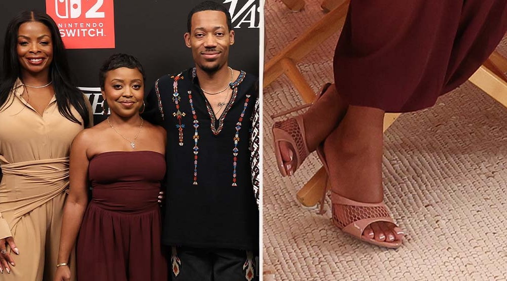Quinta Brunson wearing Paris Texas Lidia Mules in Texas Rose patent leather featuring a mesh vamp at Comic-Con 2025.