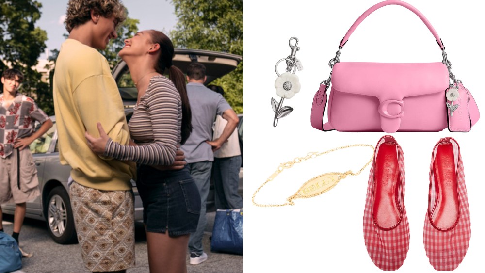 two characters on the show "the summer i turned pretty" embracing each other; compilation of collection products inspired by the show over a white background