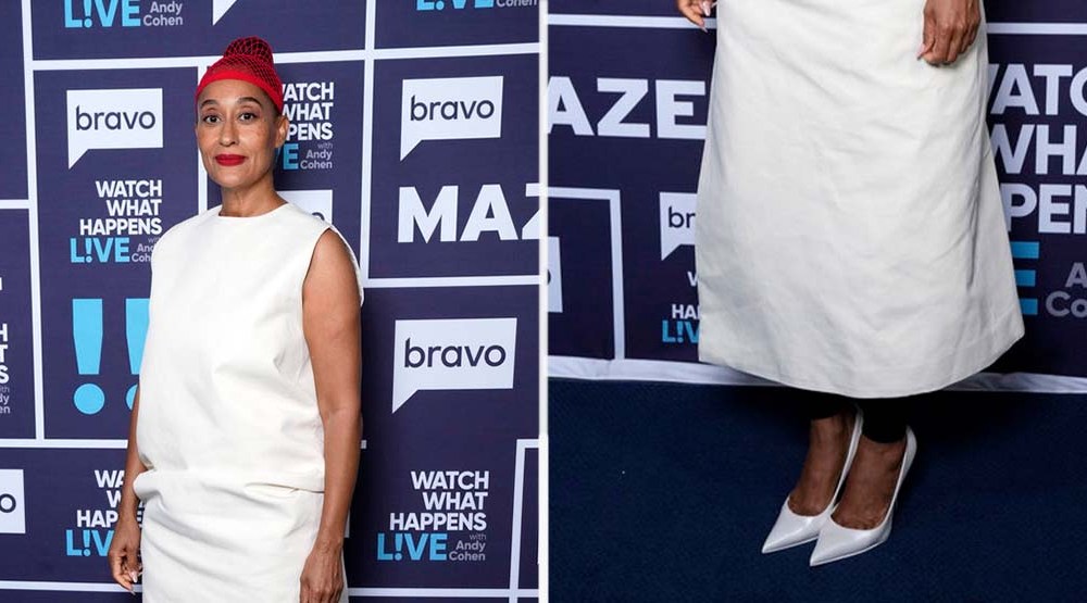 Tracee Ellis Ross wears So Kate Louboutin pumps in white patent leather during a visit to "Watch What Happens Live."