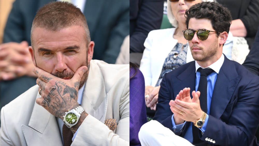 David Beckham, left, and Nick Jonas attend Wimbledon 2025.