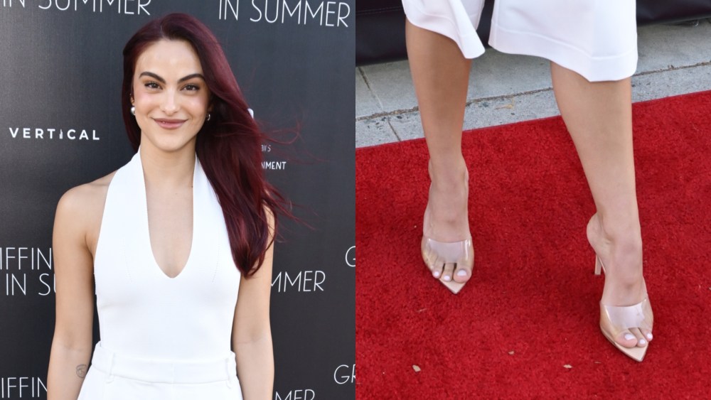 Camila Mendes red carpet style, Camila Mendes shoes, clear plexi pumps, clear plexi stiletto mules, clear shoes, Gianvito Rossi Elle pointed-toe stiletto mules