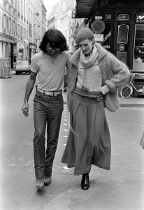 Kenzo and a model in a look from his fall 1975 collection in Paris.