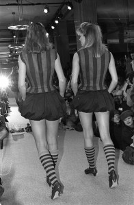 Models wearing striped tops with bloomers and striped socks in the Perry Ellis Spring/Summer 1981 show in New York