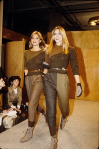 Models wearing belted two-tone sweaters and capri pants in the Perry Ellis Fall/Winter 1981 show in New York..photographed in April 1981