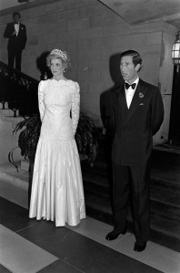 Princess Diana of Wales and Prince Charles of Wales attend an event at the British embassy in Washington, D.C., on November 10, 1985. Princess Diana wears a dress designed by Murray Arbeid. (Photo by Guy DeLort/WWD/Penske Media via Getty Images)