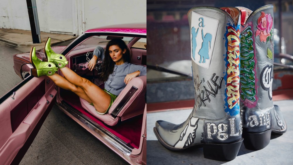 Left: A model wears metallic green cowboy boots by Miron Crosby.
Right: A pair of boots made for Kendrick Lamar by Rocketbuster Boots.