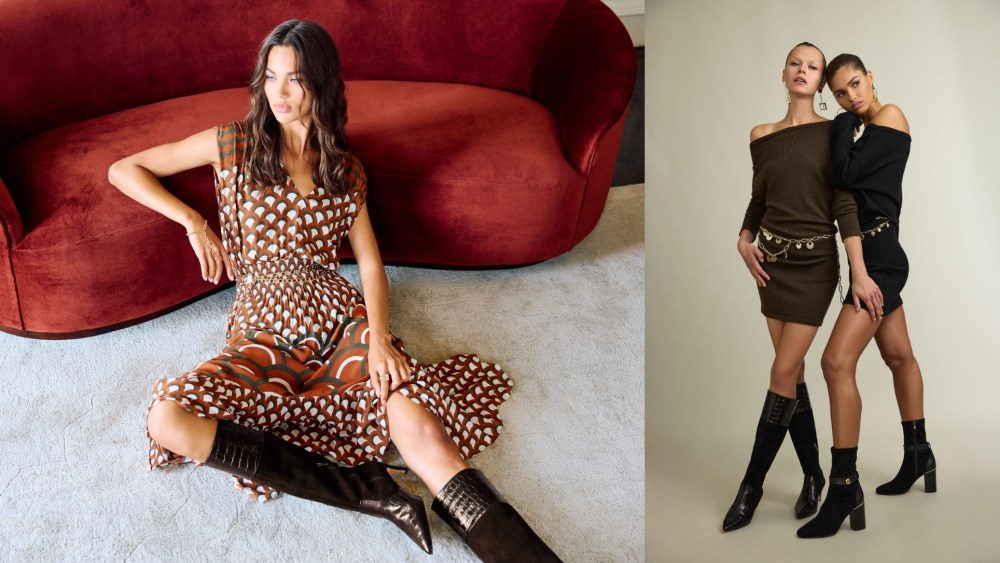 Split image showcasing three models wearing Ramy Brook designs, including knee-high boots and ankle boots.