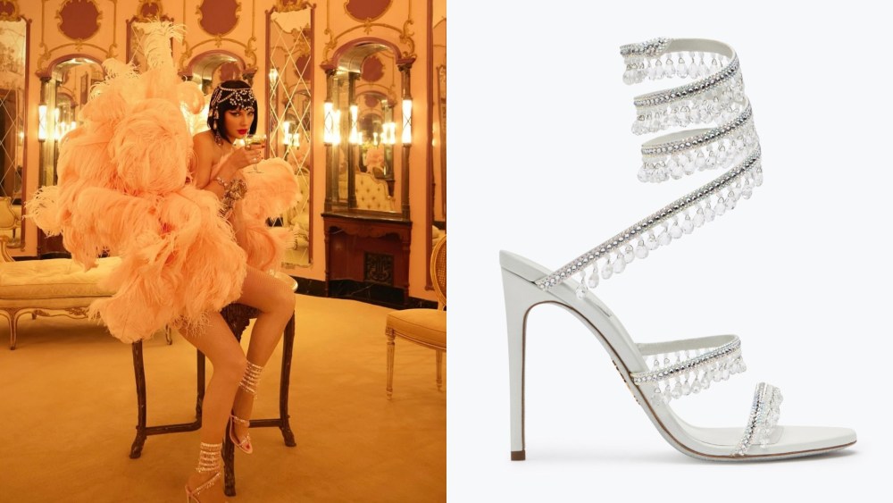 Left: Taylor Swift wearing René Caovilla sandals for her album The Life of a Showgirl
Right: René Caovilla's Chandelier sandal.